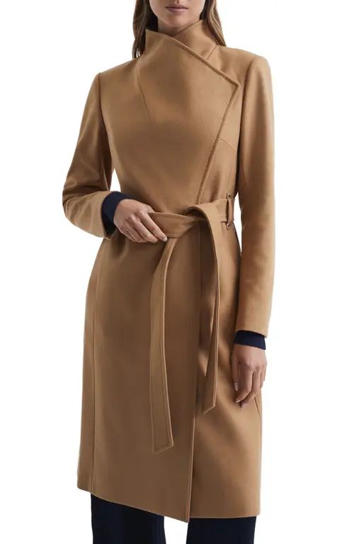 Reiss Belle Wool Blend Wrap Coat in Camel at Nordstrom, Size 0 Us | Nordstrom
