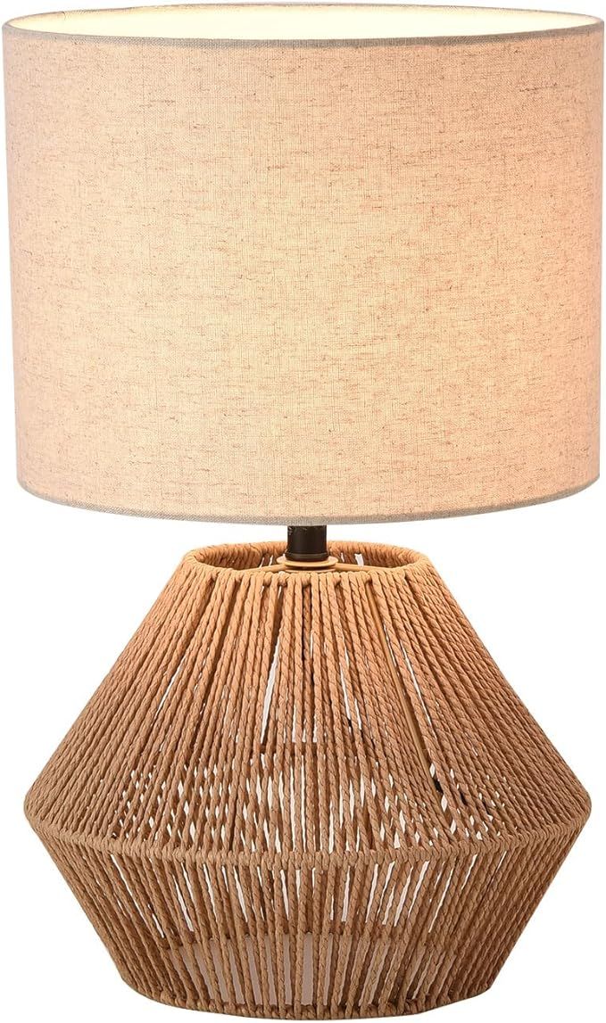 KUNJOULAM Rattan Table Lamp, Boho Nightstand Lamp Rattan Base and Linen Fabric Lampshade, Desk La... | Amazon (US)
