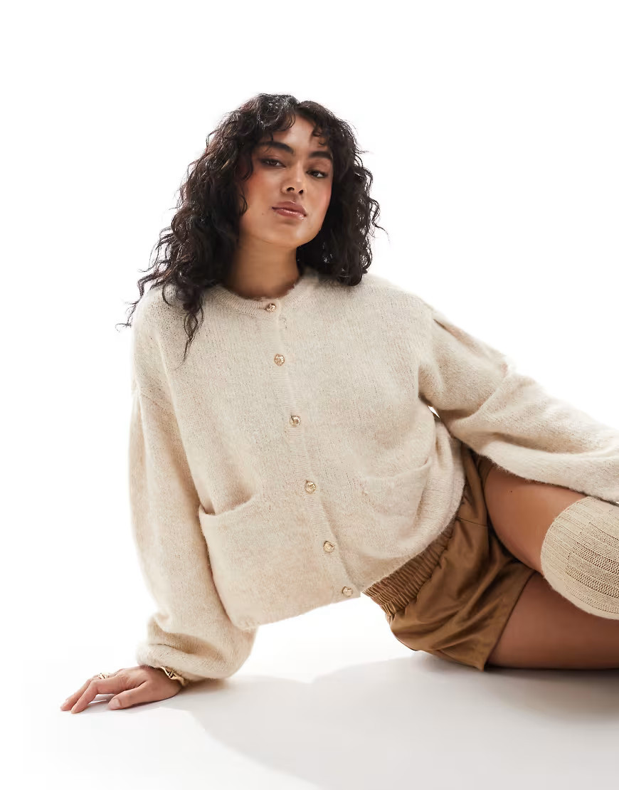 Object slouchy cardigan with gold buttons in cream-White | ASOS (Global)