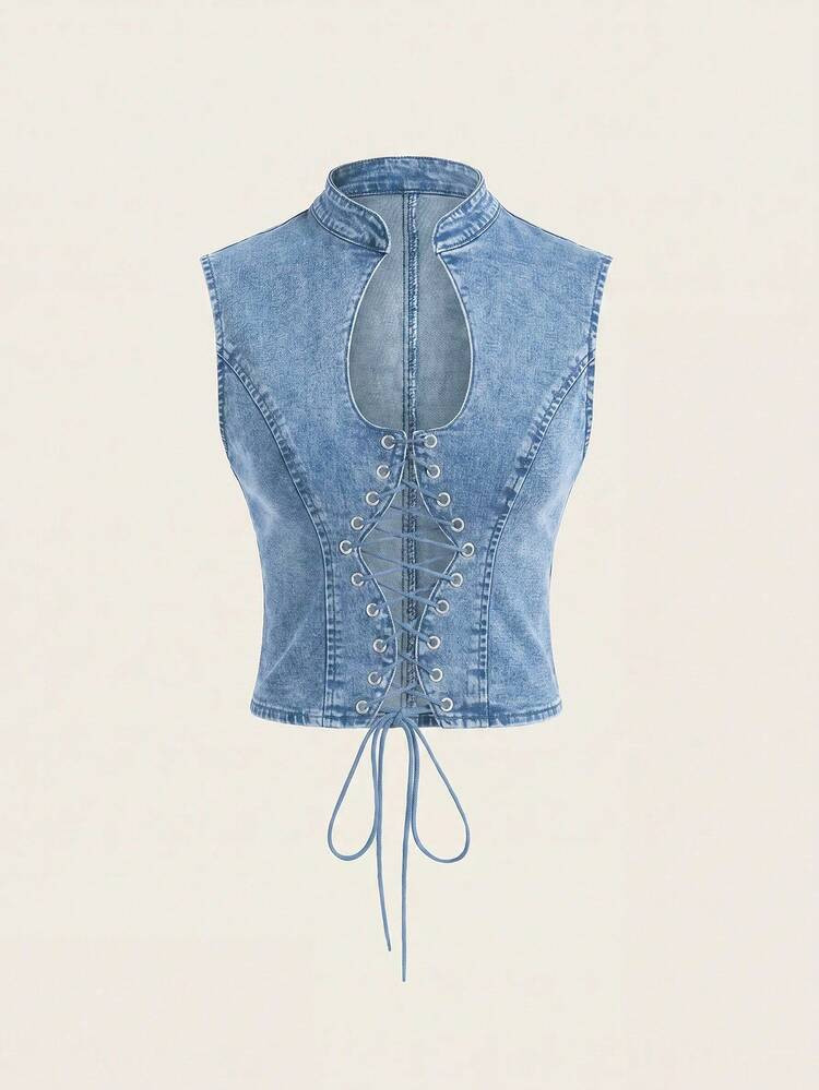 SHEIN ICON Women's Sleeveless Denim Crisscross Tie Crop Top Night Out Light Blue Summer Club Sexy | SHEIN