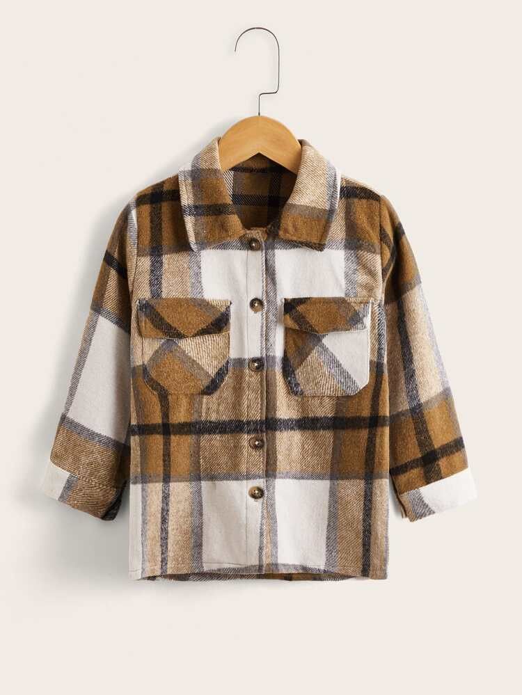 Toddler Girls Plaid Print Flap Pocket Button Up Overcoat | SHEIN