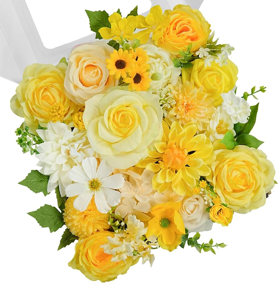 TINGE TIME Artificial Flowers Combo, Rose Dahlia Yellow Wedding Flowers     Faux flowers with ste... | Amazon (US)