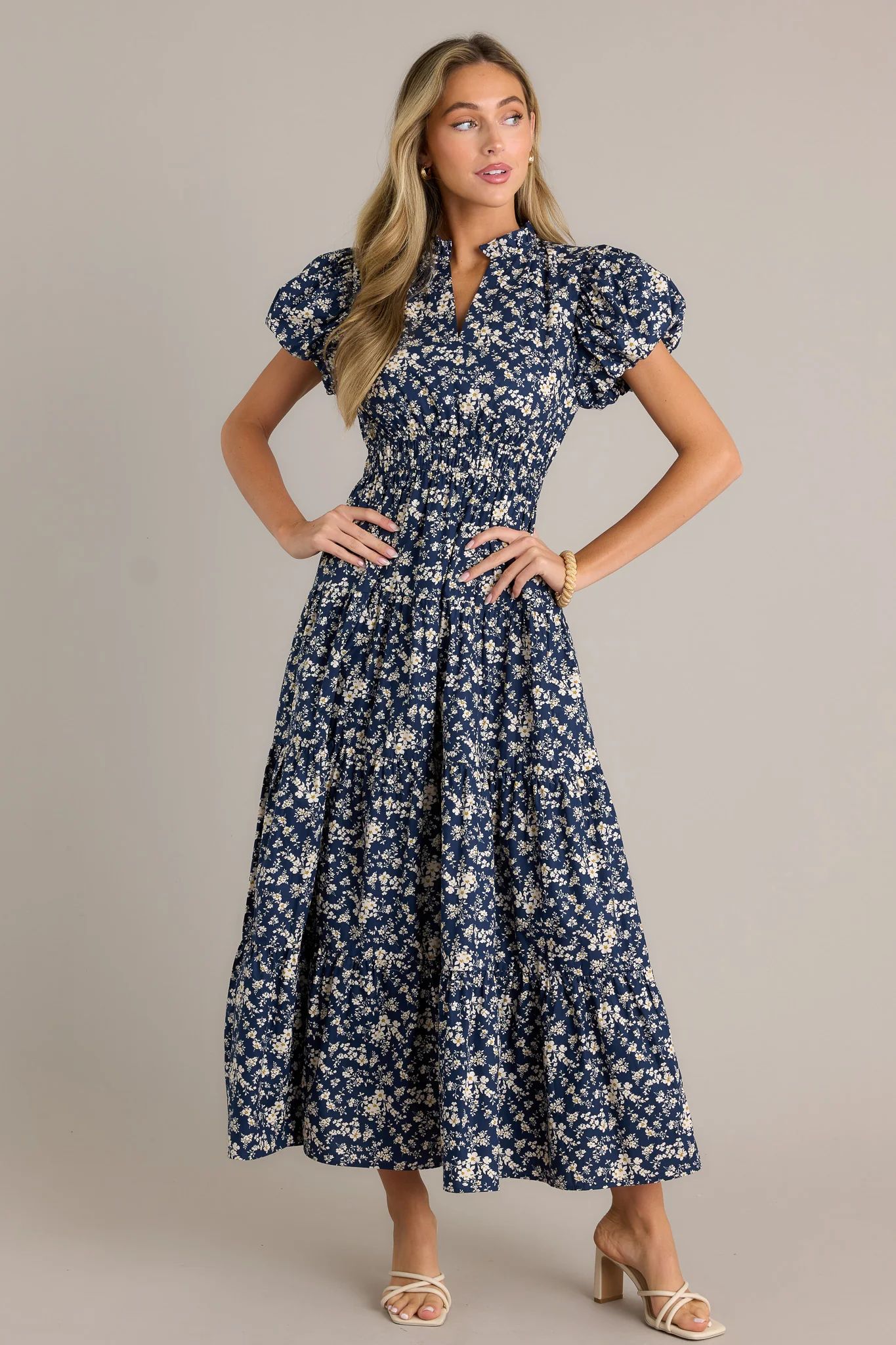 Gardenia Gala 100% Cotton Navy Floral Maxi Dress | Red Dress