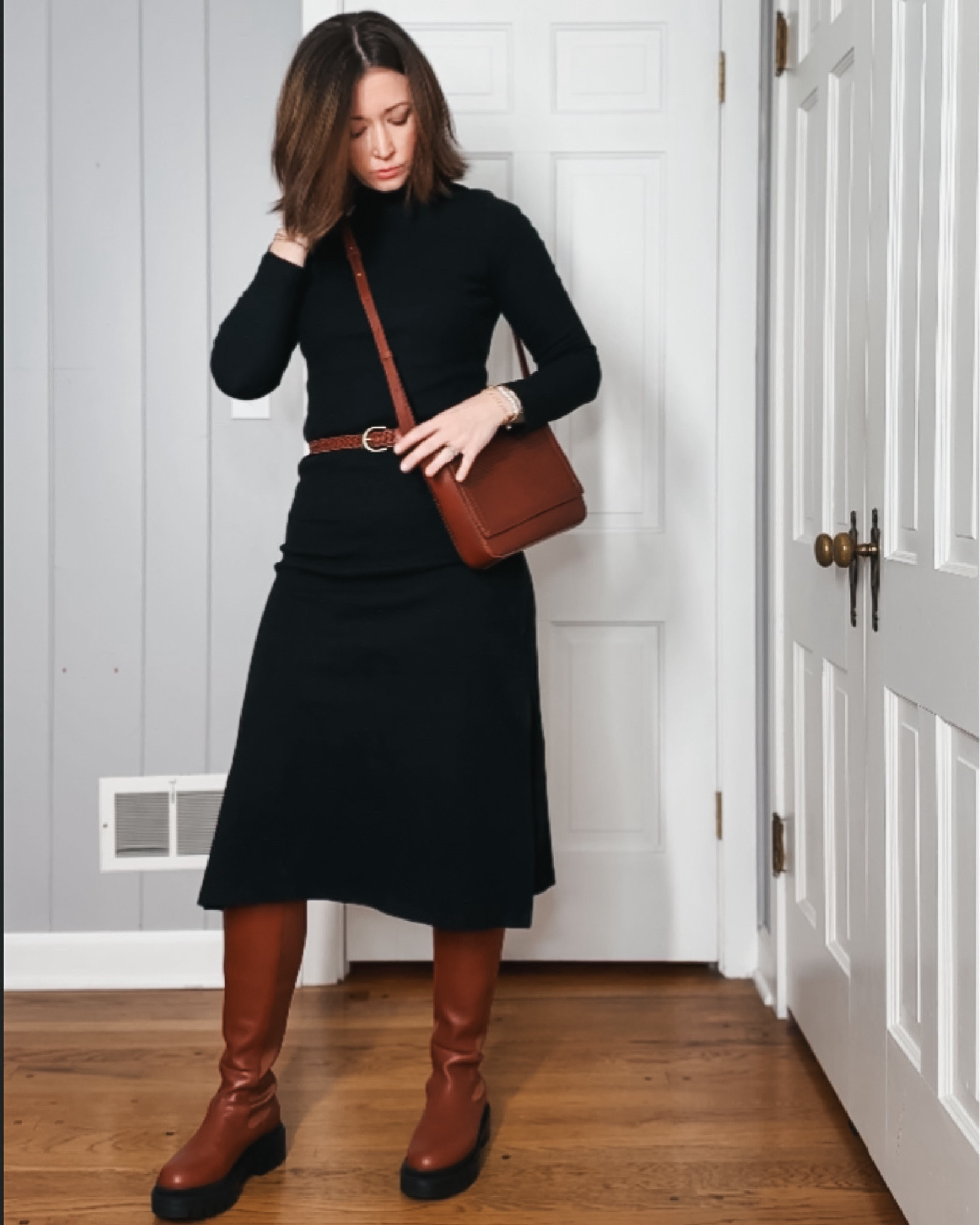 Casual winter dress outfit, black and brown combo. Dress runs slightly snug in the shoulders otherwise TTS (code HOLIDAY30). Bag and belt code: SELADESIGNS for 20% off. Boots are TTS (code ASHLEIGH10).

#LTKHoliday #LTKSeasonal