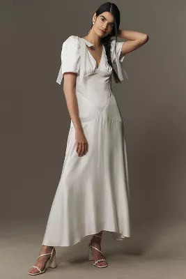 Mare Mare V-Neck Bow Flutter-Sleeve Organza Slip Dress | Anthropologie (US)