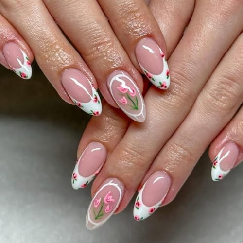 Flower French Tip Press on Nails Medium Almond Fake Nails Spring Summer Nails Press ons with Tulip Floral Design,Reusable & Easy Apply Full Cover Stick on Nails for Women Manicure 24Pcs | Amazon (US)