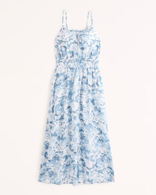 Crinkle Textured Smocked Waist Midi Dress | Abercrombie & Fitch (US)