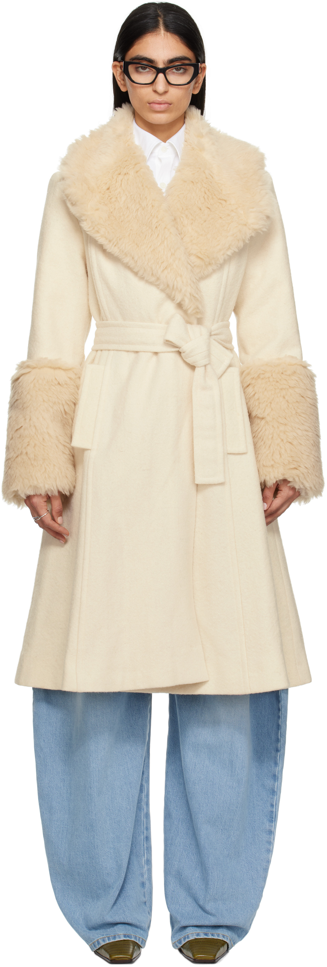 Conner Ives Off-White Reconstituted Faux Fur Military Blanket Coat | SSENSE