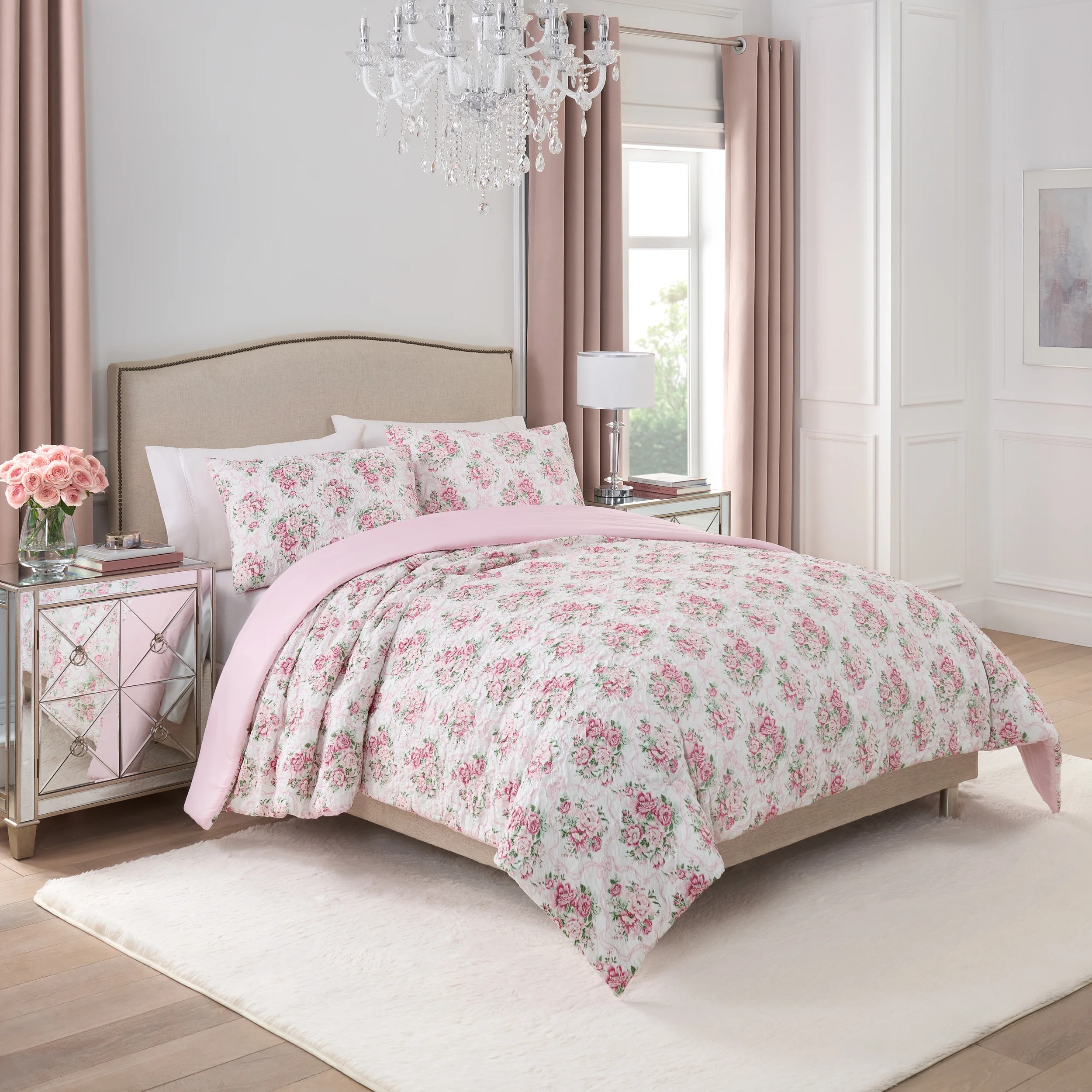 Paris Hilton Coquette 3-Piece Floral Pink Comforter Set, Full/Queen | Walmart (US)