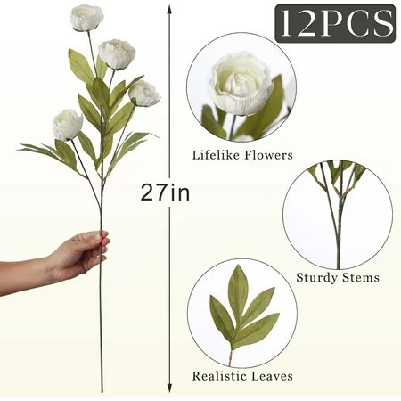12 Pcs Faux Silk Peony Artificial Flowers for Vase -27", Bulk Fake Peonies Branches with Stems for Bouquet Centerpieces Wedding Fillers Arrangements Shower Decorations (Cream) | Walmart (US)