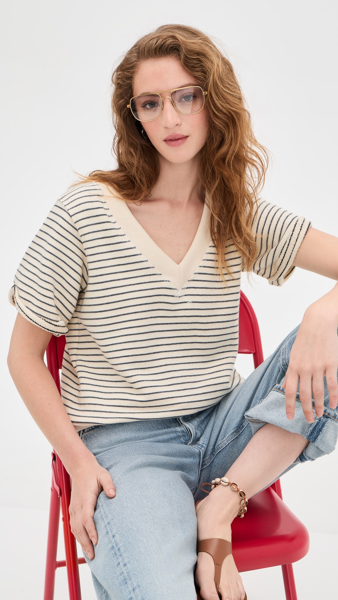 French Terry Stripe V-neck Short Sleeve Sweatshirt | Shopbop