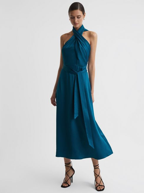 Satin Halter Neck Fitted Midi Dress in Teal | Reiss UK