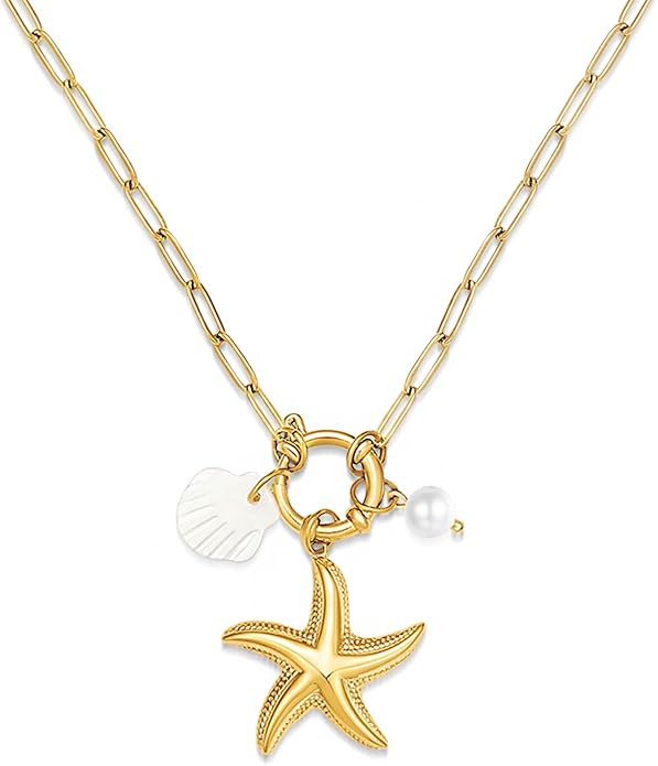 Beach Charm Necklace for Women Shell Starfish Conch Dolphin Seahorse Pendant Necklace for Summer ... | Amazon (US)