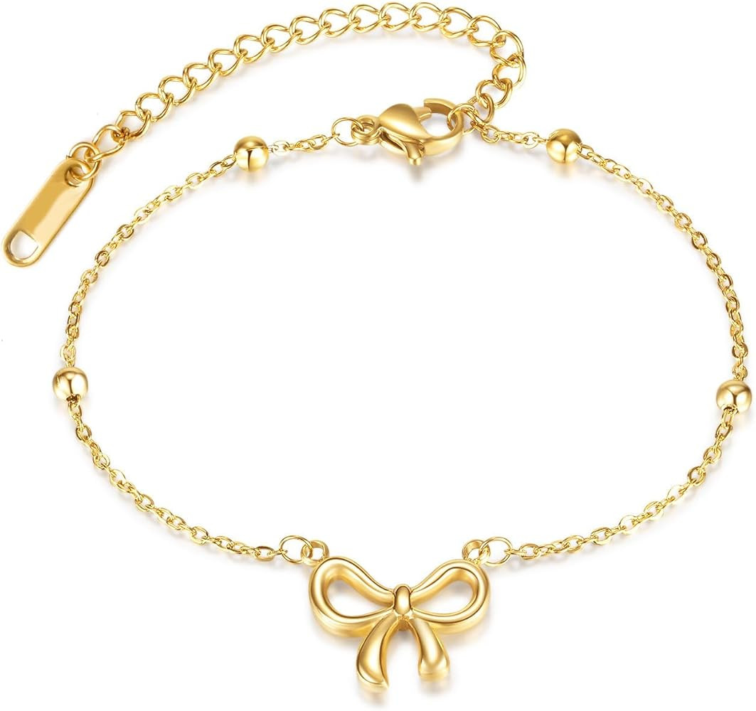 Bow Bracelet for Women, Sweet Gold Chain Bow Dangle Dainty Trendy Titanium Steel Adjustable Brace... | Amazon (US)