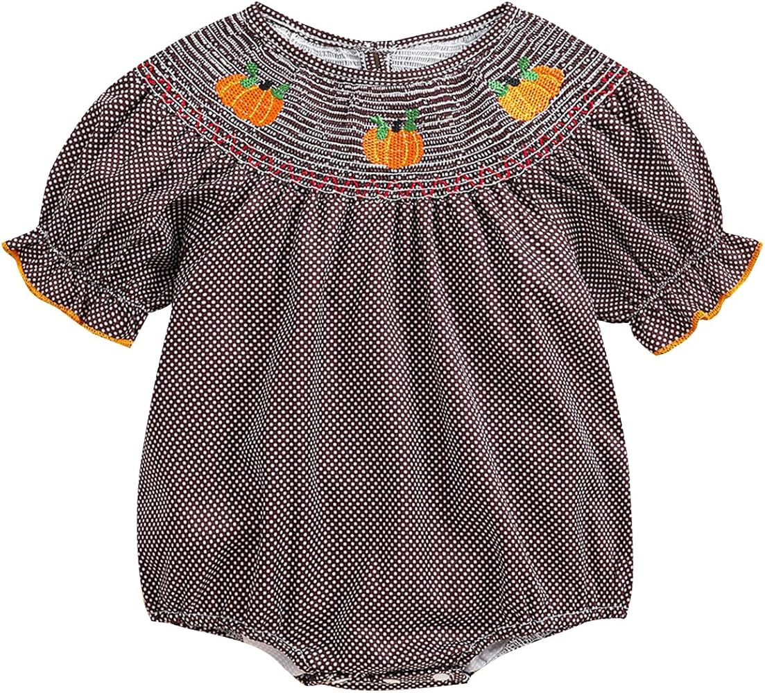 Ayalinggo Newborn Baby Girl Smocked Pumpkin Outfit Infant Plaid Bubble Romper Embroidery Hallowee... | Amazon (US)