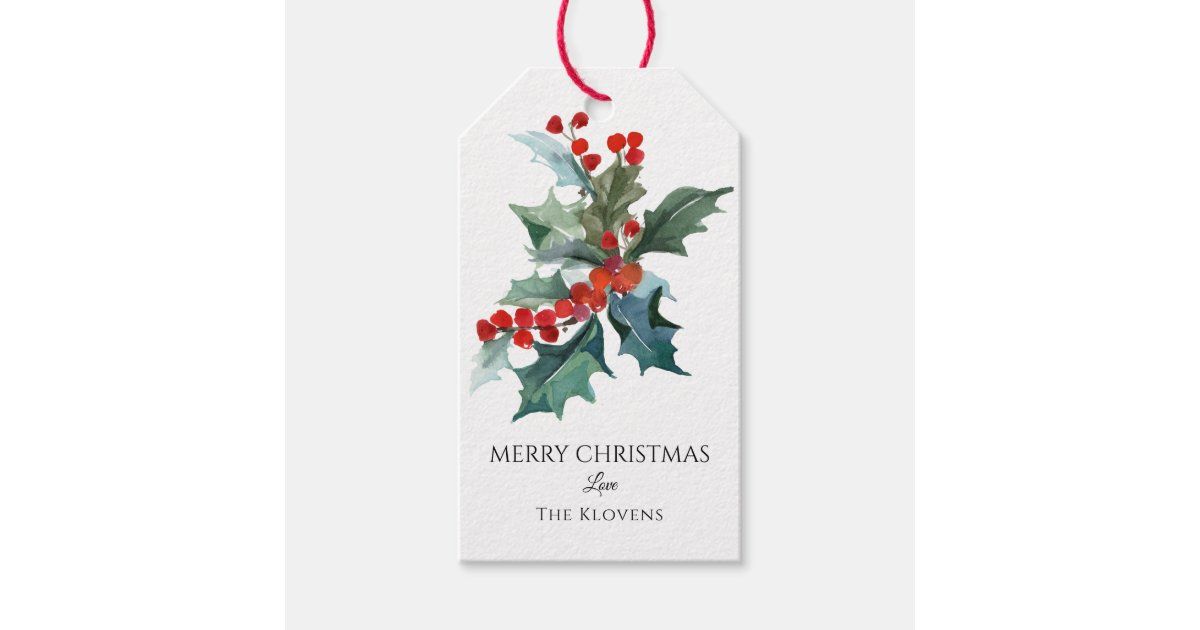 Watercolor Holly Sprig Merry Christmas Gift Tags | Zazzle.com | Zazzle