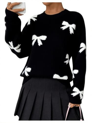 Pinclodly Bow Sweater Women Long Sleeve Crewneck Cute Sweaters Casual Vintage Sweater with Bow Winter Oversized Sweaters Black | Amazon (US)
