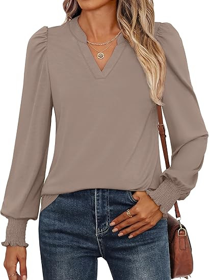 ANRABESS Women's Puff Long Sleeve Shirts V Neck Loose T-Shirts Dressy Casual Work Blouses 2024 Fa... | Amazon (US)