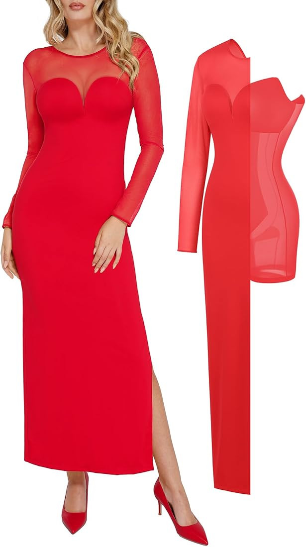 Popilush Long Sleeve Prom Maxi Dress for Women Mesh Shapewear Bodycon Dress Fall Tight Fitted Par... | Amazon (US)