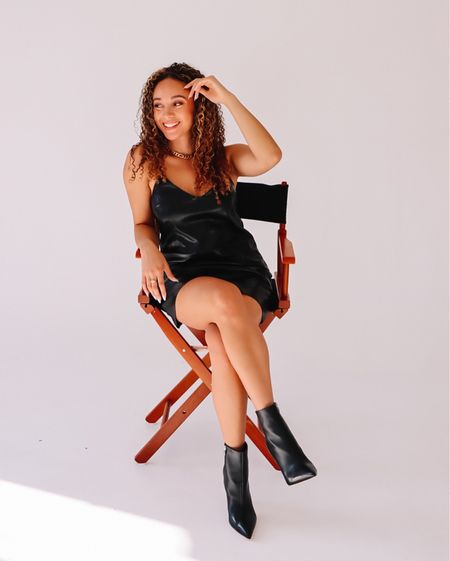 Black faux leather mini dress, black high heel booties, going out outfit

#LTKunder100 #LTKstyletip