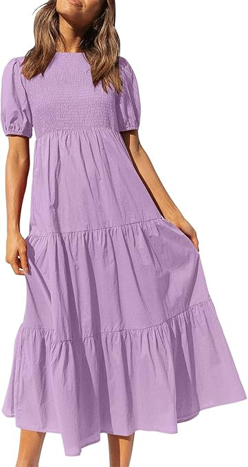 LOGENE Women Short Sleeve Crew Neck Smocked Elastic Waist Tiered Maxi Dress Summer Boho Solid Col... | Amazon (US)