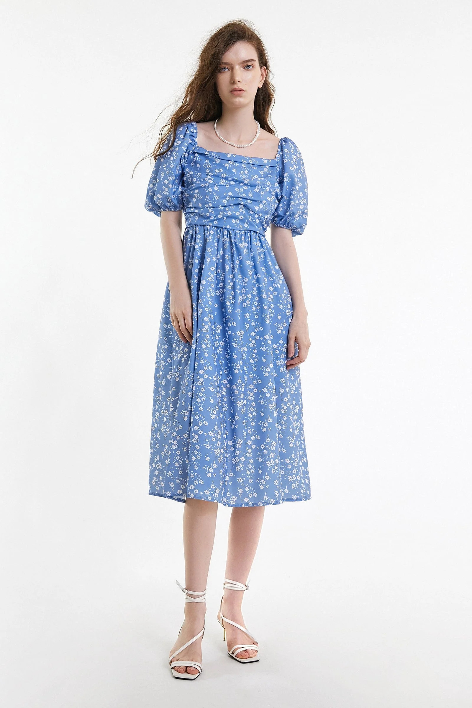 Light Sky Blue Floral Print Puff Sleeve Ruched Midi Dress | J.ING