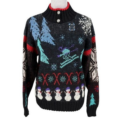 REI Sweater Womens Large Black Blue Wool Ski Mock Neck Winter Holiday Vintage | eBay US