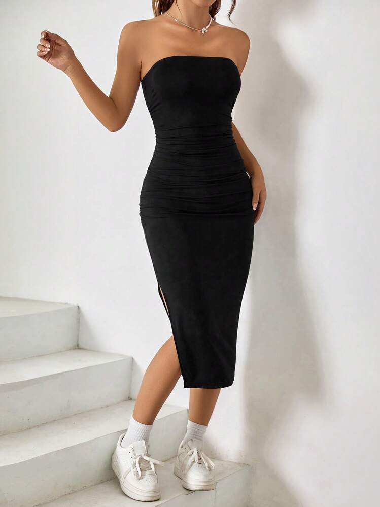 SHEIN EZwear Summer Outfit Split Thigh Black Tube Bodycon Dress | SHEIN