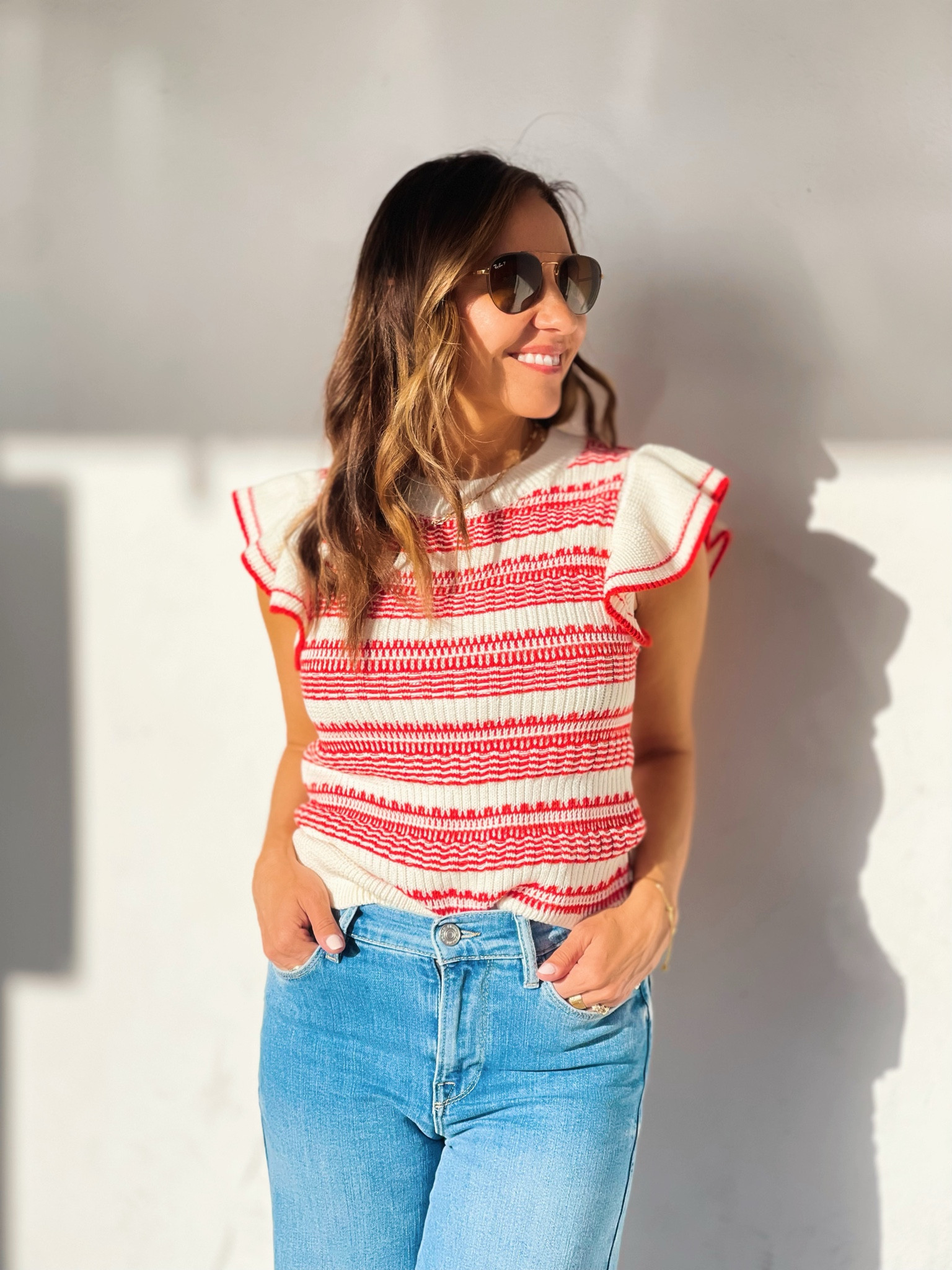 Sunshine, sweet tank details and the best denim fit a girl can hope for. It’s going to be a good Monday! ☀️🌺🤍

#LTKunder100 #LTKstyletip #LTKSeasonal