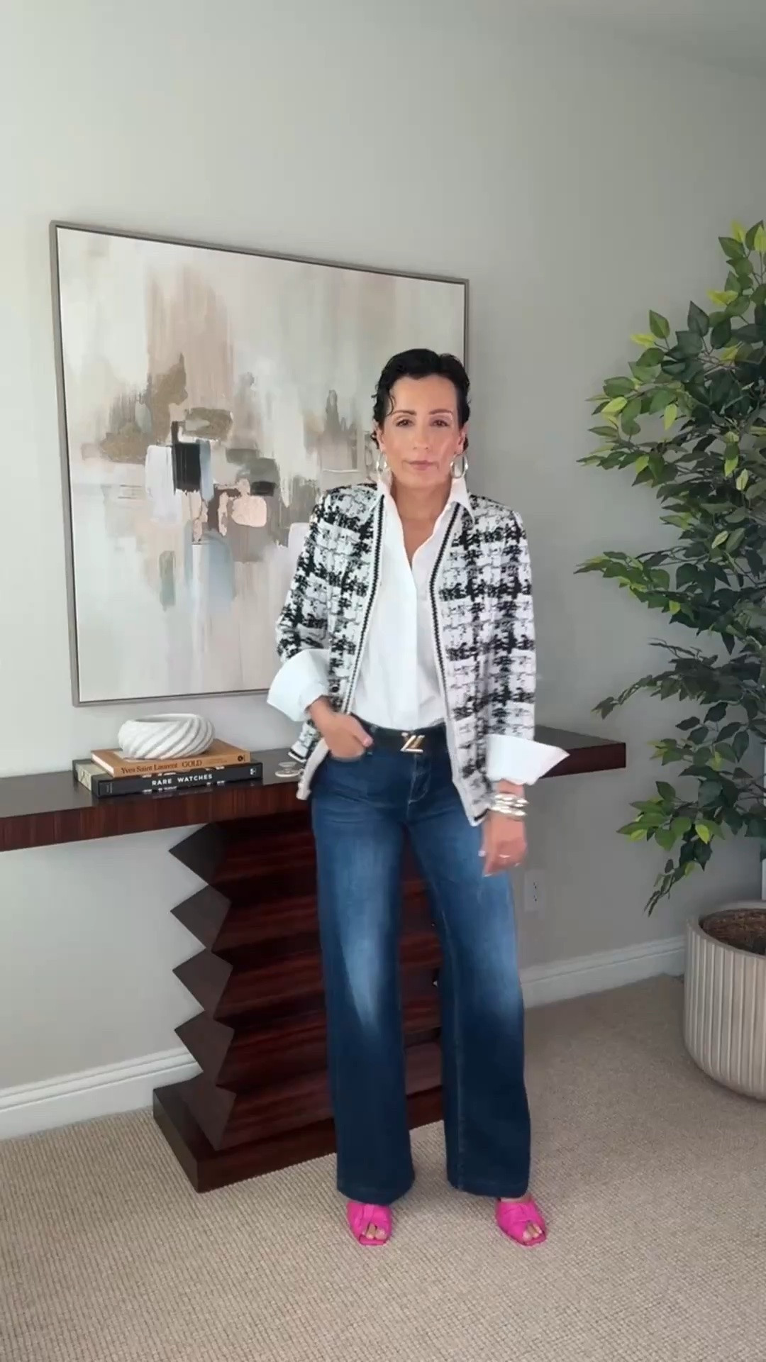 Don’t underestimate the power of a third piece.

A simple white shirt and jeans can instantly feel elevated when you add structure. This tailored jacket creates shape, the belt defines the waist, and the statement heel brings in a touch of personality.

When building a wardrobe, I always look for pieces that can transform the basics you already own. The goal is not more clothes, it’s more ways to style what you have.

The belt pictured is sold out, so I tagged a similar option to complete the look.

white button down, L’Agence jeans, tailored jacket, tweed jacket, statement shoes, belt styling, third piece styling, timeless wardrobe, elegant outfit ideas, classic style, elevated basics, Style with Eugenia

#LTKgrwm #LTKootd #LTKOver40