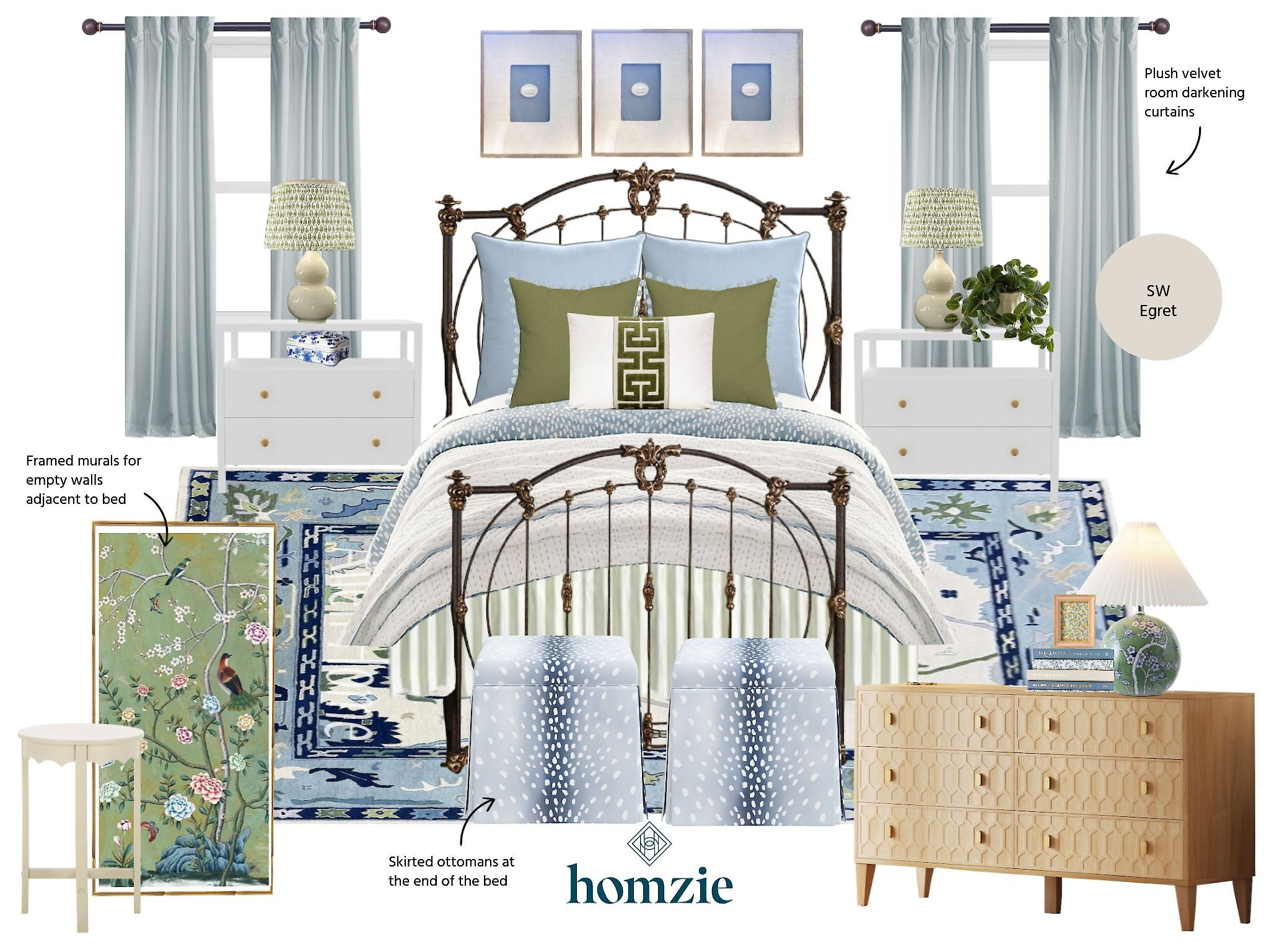This is a chinoiserie-inspired bedroom with soft blues and greens. It features:  
Iron Bed, Velvet Curtains, Patterned Rug, Framed Murals, Skirted Ottomans, Honeycomb Dresser. 

 

#LTKHome #LTKSaleAlert #LTKStyleTip
