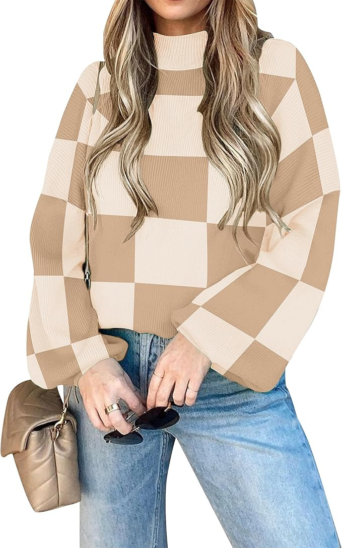 ZESICA Women's 2023 Casual Turtleneck Long Lantern Sleeve Oversized Ribbed Knit Pullover Sweater ... | Amazon (US)