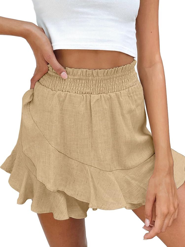 BNOOUIL Women's High Waisted Summer Casual Comfy Flowy Beach Linen Cotton Wrap Mini Skirt Skort | Amazon (US)
