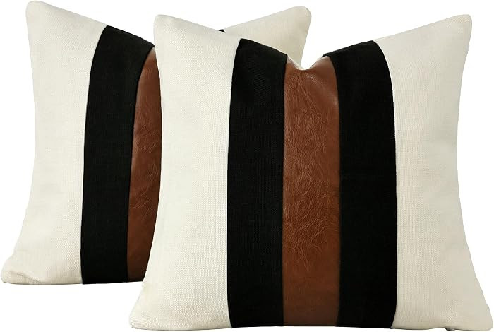 Set of 2 Faux Leather and Linen-Textured Pillow Covers 18x18 Inch, Cream and Black Decorative Thr... | Amazon (US)