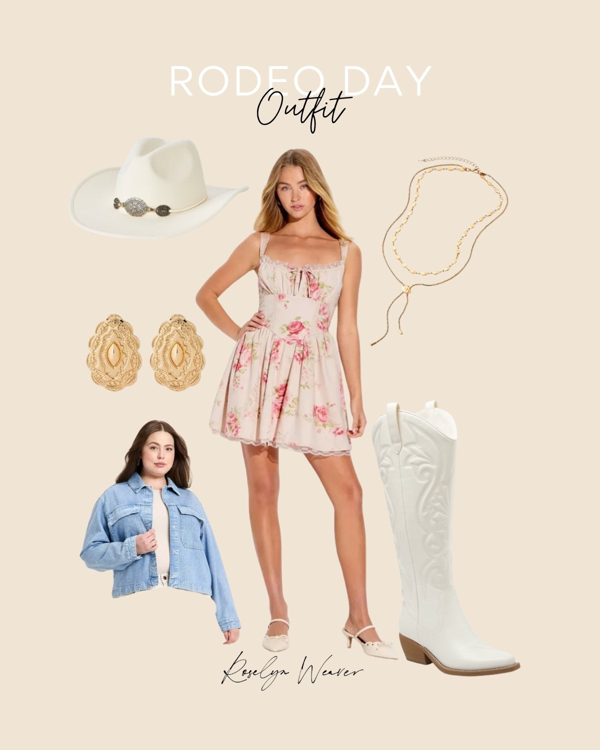 Rodeo outfit for Megan Maroney concert 💕

Floral corset fit and flare mini dress, white western tall boots, denim cropped jacket, gold western jewelry, white belt cowboy hat, western outfit 

#LTKootd #LTKSaleAlert #LTKOver40