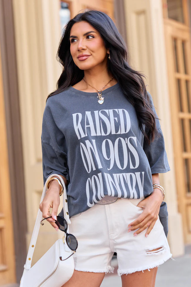 Raised On 90's Country Charcoal Oversized Graphic Tee | Pink Lily