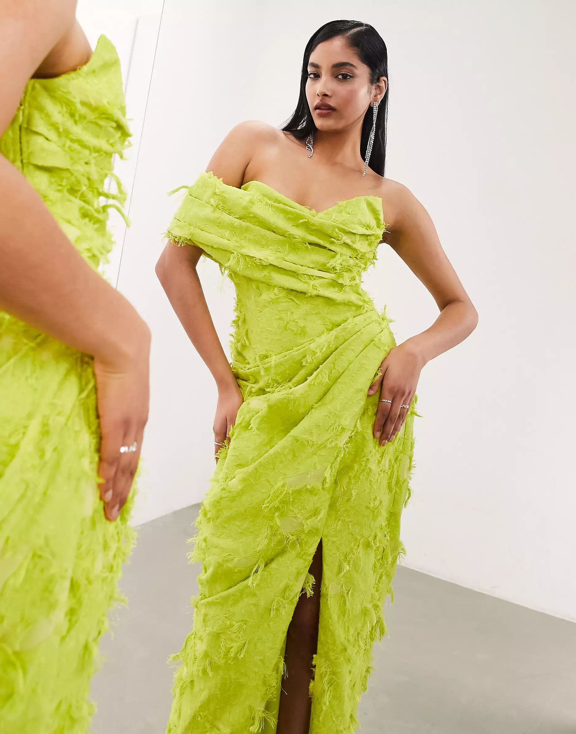 ASOS EDITION structured texture corset midaxi dress with folded detail in lime | ASOS (Global)