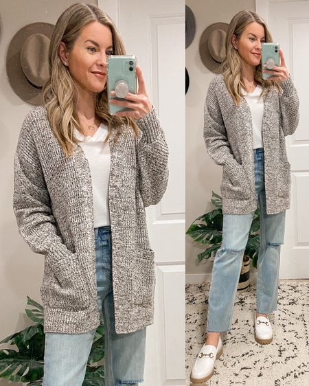 Target Head-to-Toe Outfit!
Open-Front Cardigan (color on website is called “brown”)
Target Super High Rise Distressed Straight Jeans
Target White Loafers

#LTKunder50 #LTKshoecrush #LTKstyletip