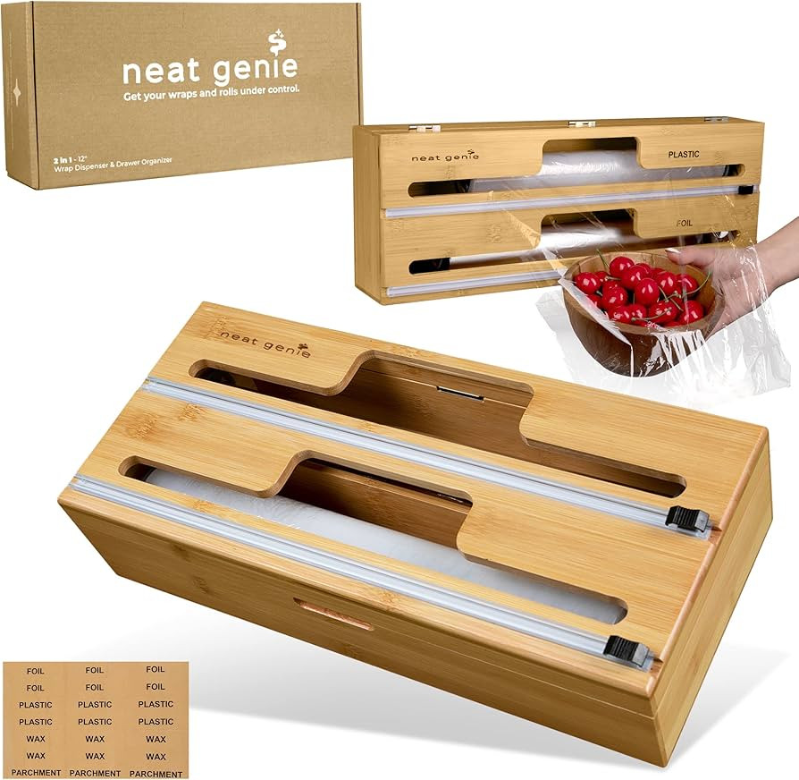 2 in 1 Bamboo Foil and Plastic Wrap Organizer with Cutter - Foil and Plastic Wrap Dispenser with ... | Amazon (US)