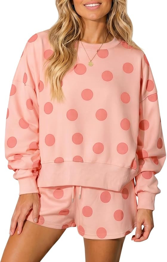 Fisoew Womens Polka Dot 2 Piece Outfits Casual Oversized Long Sleeve Sweatshirts Shorts Set Track... | Amazon (US)