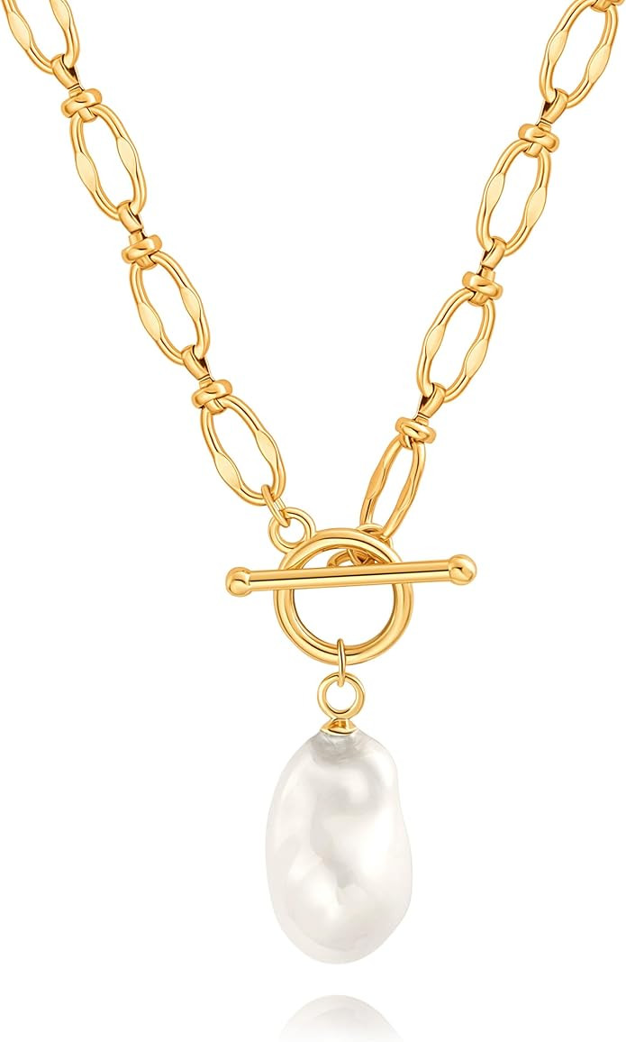 PERNNLA PEARL Dainty 18K Gold Chain Teardrop Pendant Necklace for Women Trendy Cute Toggle Neckla... | Amazon (US)