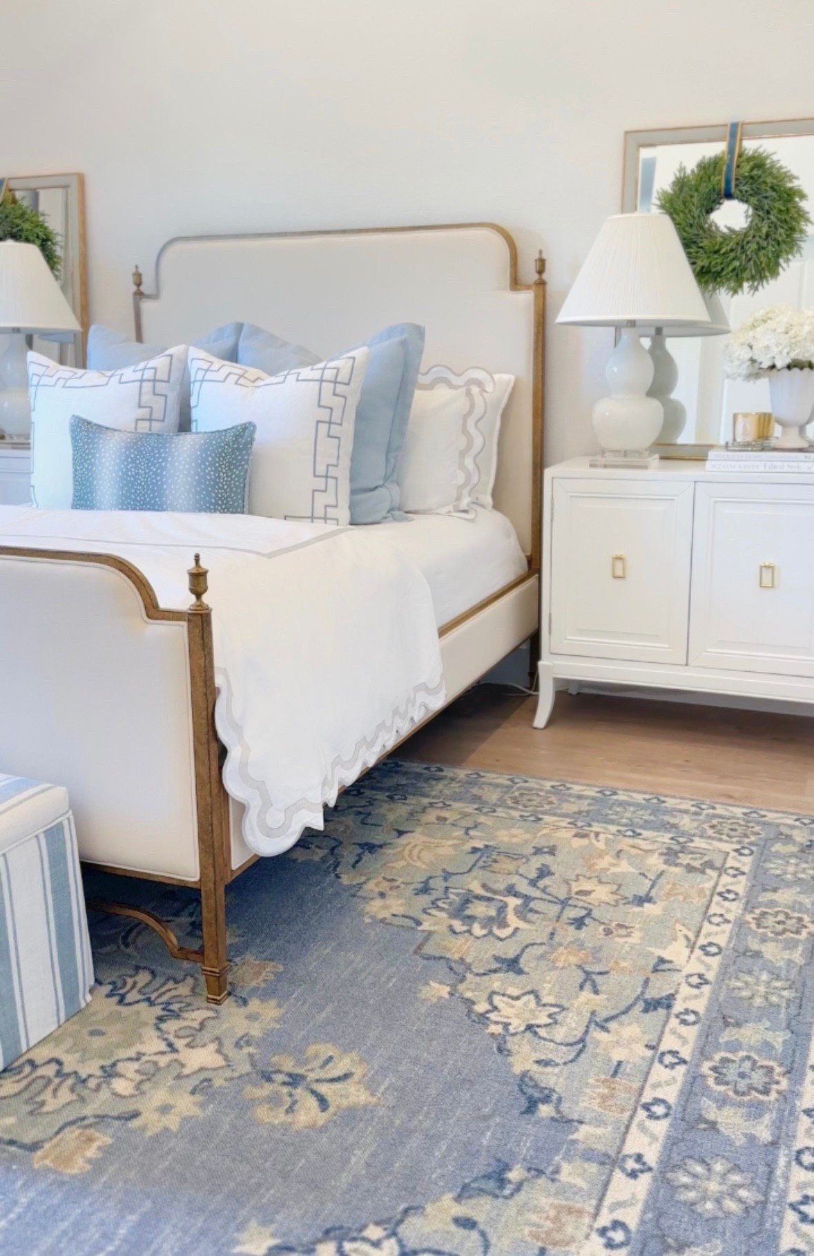 Simple holiday bedroom decor #christmasdecor #christmas blue and white nightstand styling wreath on mirror 

#LTKHome #LTKFindsUnder50 #LTKSaleAlert