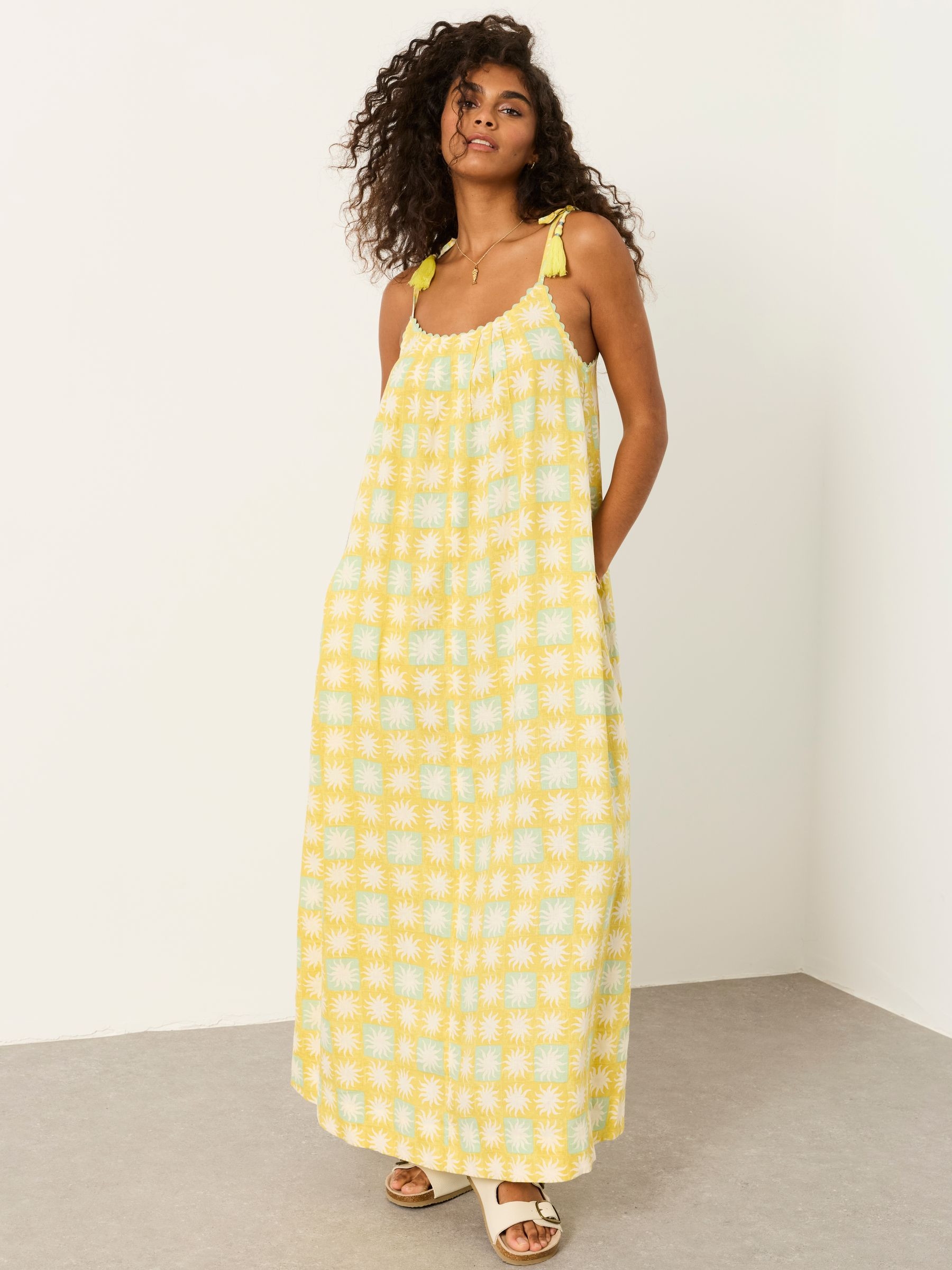 Bea Yellow Sun Tile Linen Tassel Tie Strap Maxi Dress | Fat Face
