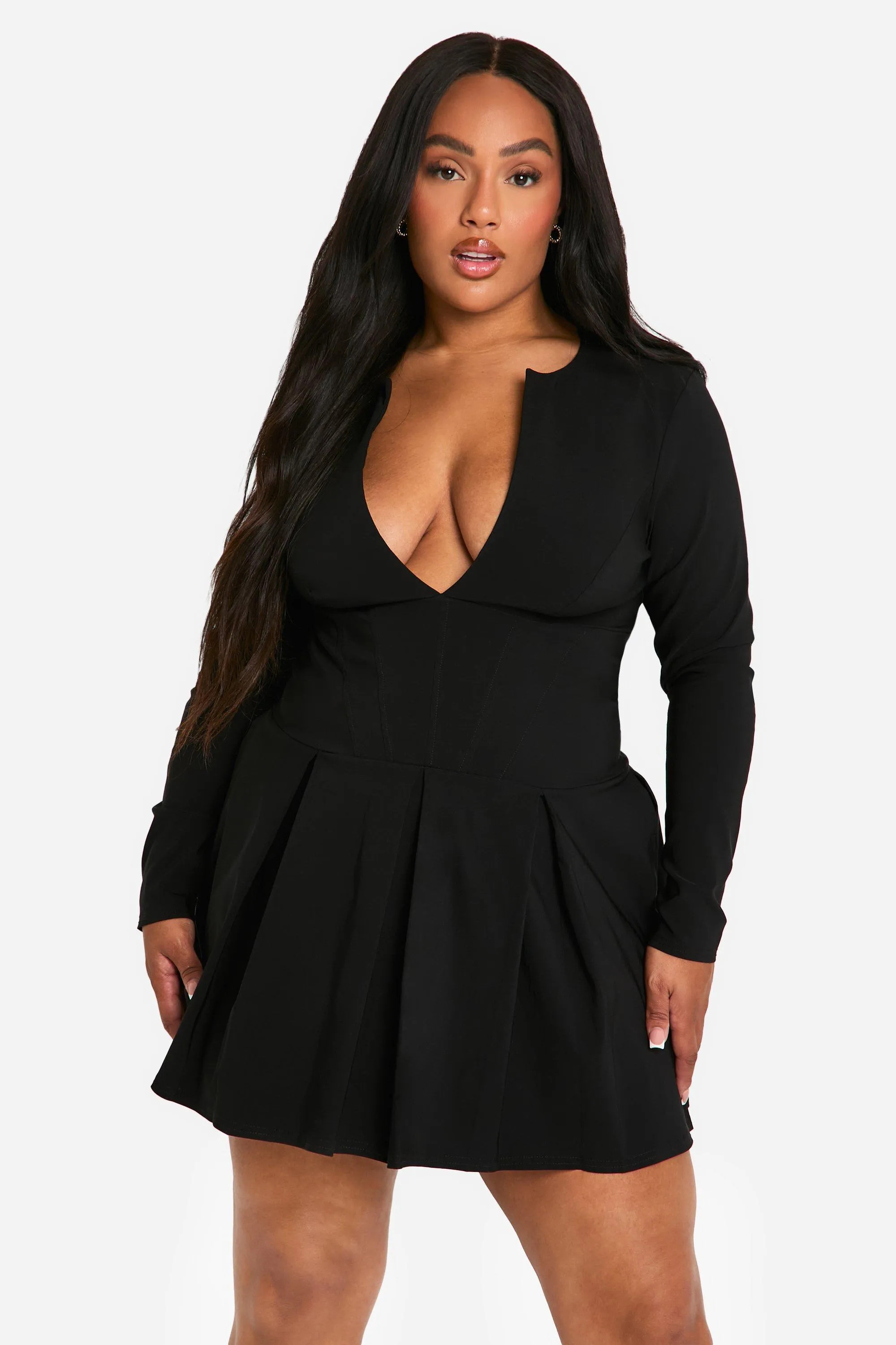 Plus Long Sleeve Corset Detail Plunge Pleated Hem Dress | boohoo (US & Canada)