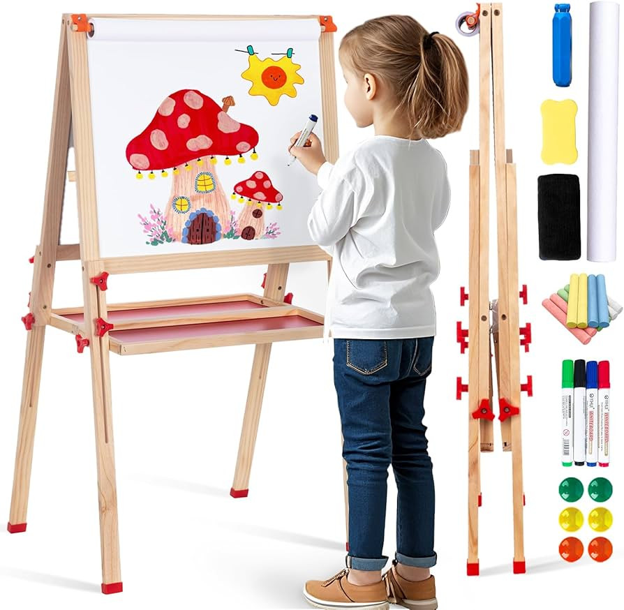Wooden Adjustable Easel for Kids, Quick-Fold Kids Easel with Paper Roll&Accessories, Double Sided... | Amazon (US)