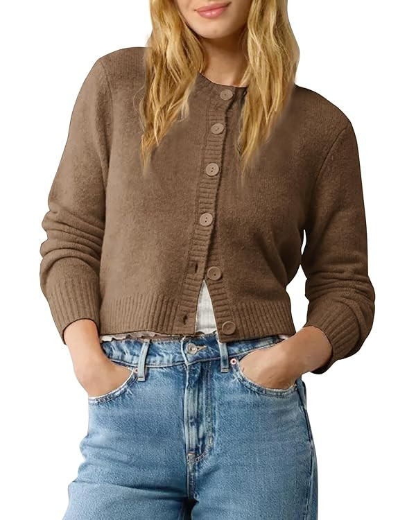 Urban CoCo Women's Crew Neck Cropped Cardigan Sweaters Long Sleeve Open Front Button Down Shrug S... | Amazon (US)