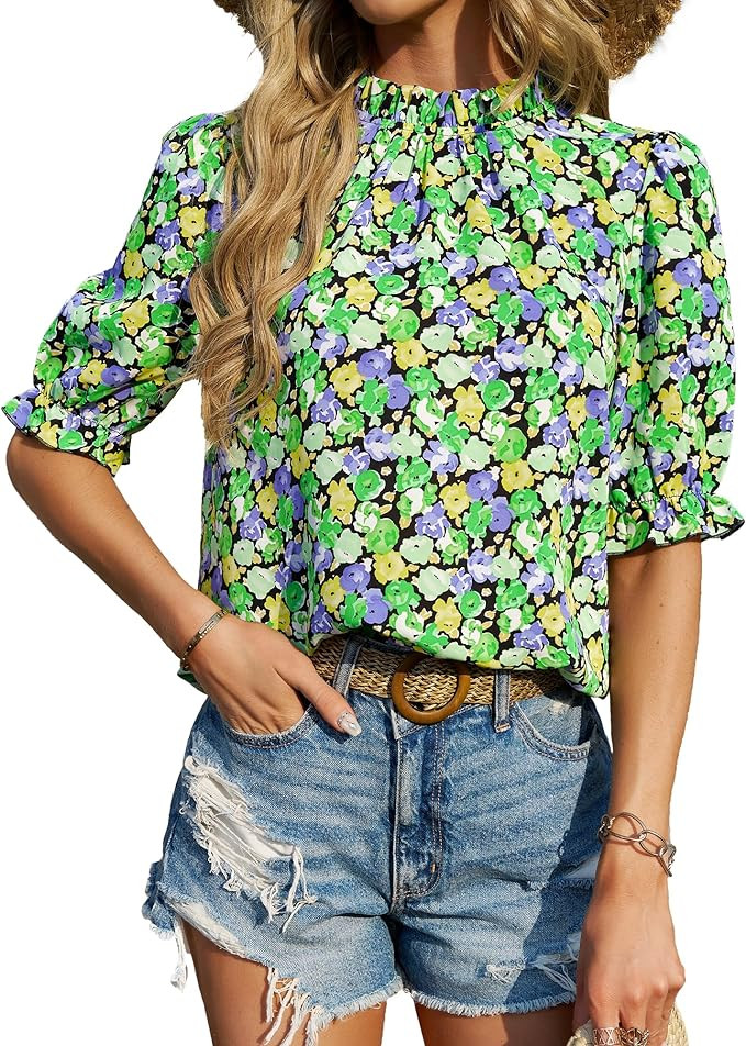 BTFBM Women's Summer Boho Shirt Top Ruffle Short Sleeve Frill Trim Mock Neck Floral Solid 2025 Ca... | Amazon (US)