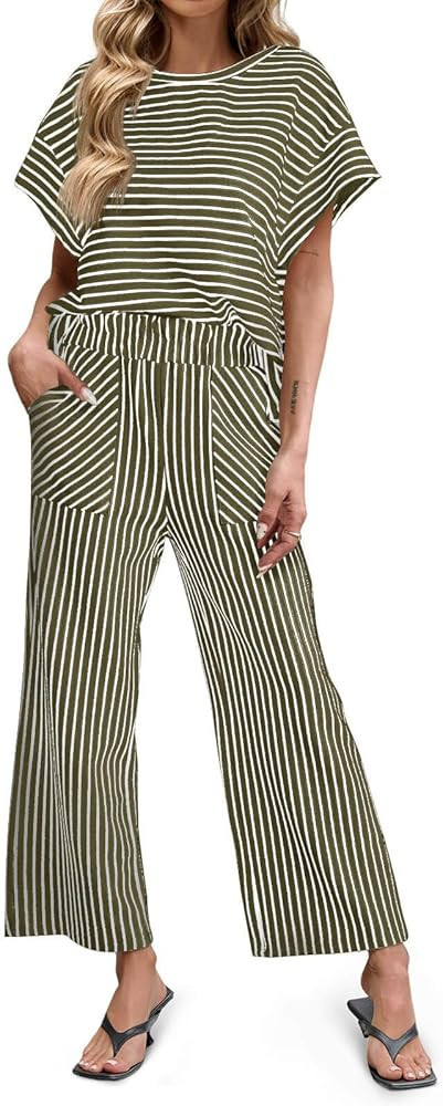 Tankaneo Womens Striped Set 2 Piece Outfits Matching Lounge Pants Set | Amazon (US)