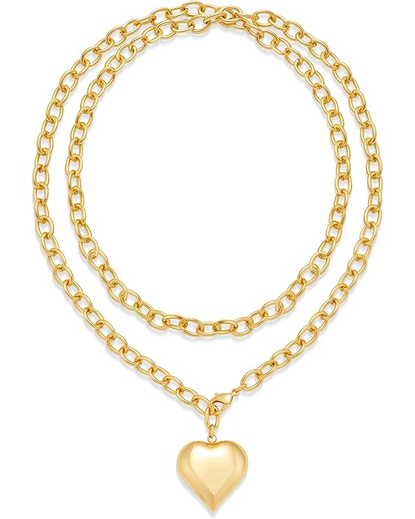 Chunky Heart Necklaces for Women - 14K Gold Plated Statement Long Lariat Layered Heart Pendant Ne... | Amazon (US)