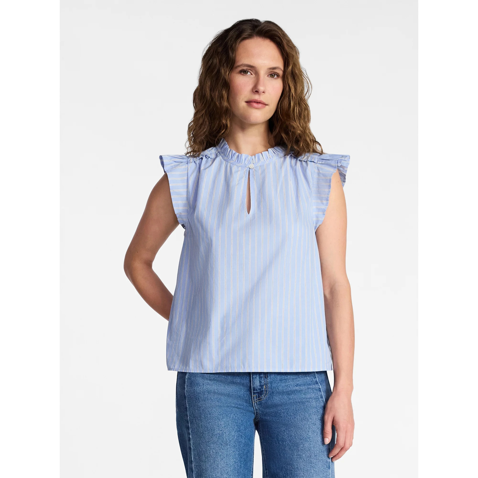 Time and Tru Women's Cotton Split Neck Top with Flutter Sleeves, Sizes XS-XXXL | Walmart (US)